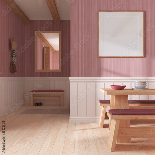Minimalist dining room in white and red tones with wooden table and frame mockup. Parquet and wallpaper. Japandi interior design