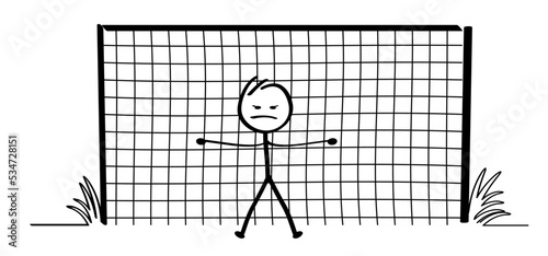 Cartoon stickman with goal net or football net, wait for the ball. Stick figure man with soccer ball. Funny vector sport icon. World wk, ek sport finale game cup. 