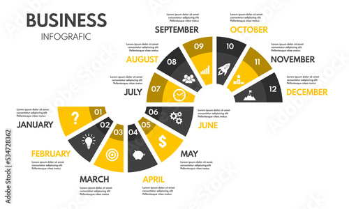 12 months or steps cycle diagram. Whole year strategy plan or project timeline. Vector infographic template with business icons.