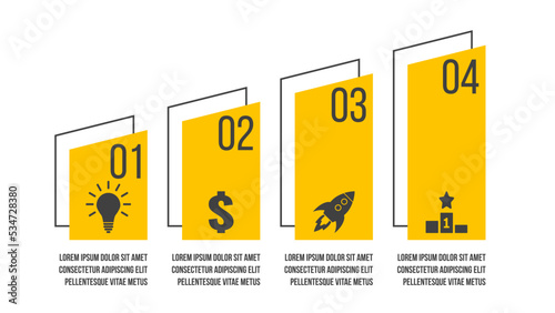 4 steps business process diagram. Four options vector infographics template. Strategy or marketing plan flow chart. Presentation layout with rise trend.
