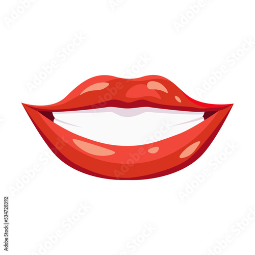 Red lips. Female mouth with white teeth, woman biting lip expression or tongue. Vector illustration for glamour, lipstick, emotions, comics concept