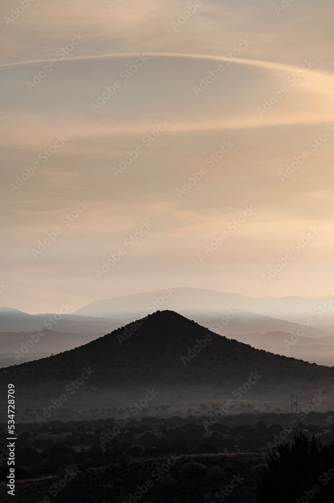 Usa, New Mexico, La Ceinega, Smoke covering early morning sky over Sangre de Cristo Mountains Usa, New Mexico, La Ceinega, Smoke covering early morning sky over Sangre de Cristo Mountains