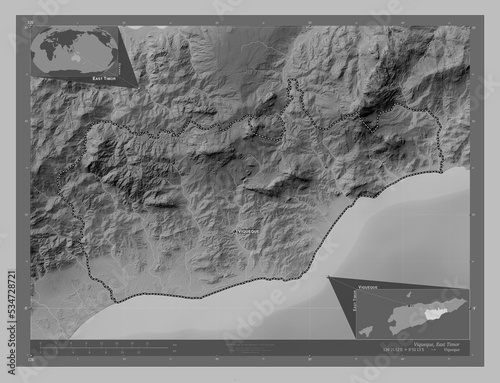 Viqueque, East Timor. Grayscale. Labelled points of cities photo