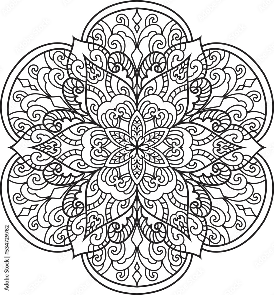 Adult coloring page Mandala.Hand drawn illustration.Oriental mystical pattern.Yoga mandala.Hand drawn illustration