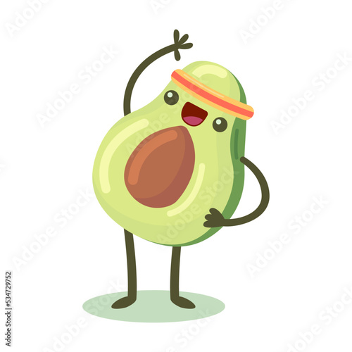 Happy cute avocado exercising flat for web design. Cartoon avocado fruit character in gym isolated vector illustration. Fitness workout and sport activity concept