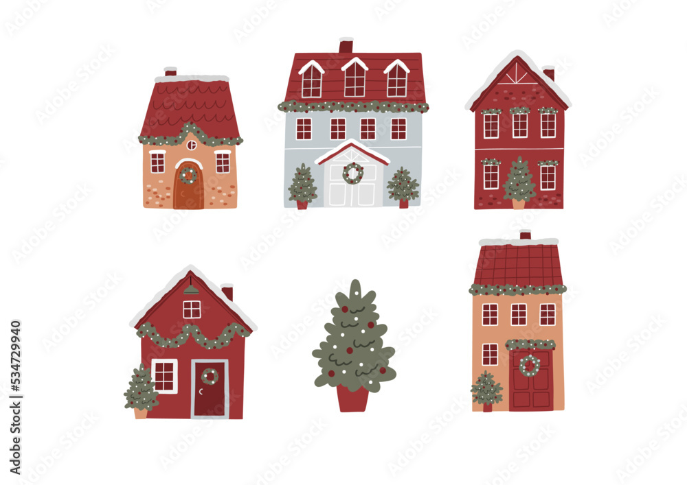 Cute Christmas House with decor. New Year and Christmas attributes vector flat illustration. Traditional winter holidays.