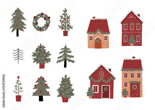 Cute Christmas House with decor. New Year and Christmas attributes vector flat illustration. Traditional winter holidays.