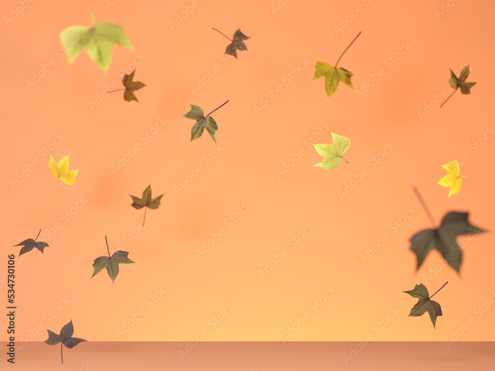 Autumn decorations on a pastel background. Podium or stand with falling leaf for product display or fall holiday advertising. 3d illustration for fall. Autumn decorations on a pastel background. Podium or stand with falling leaf for product display or fall holiday advertising. 3d illustration for fall.