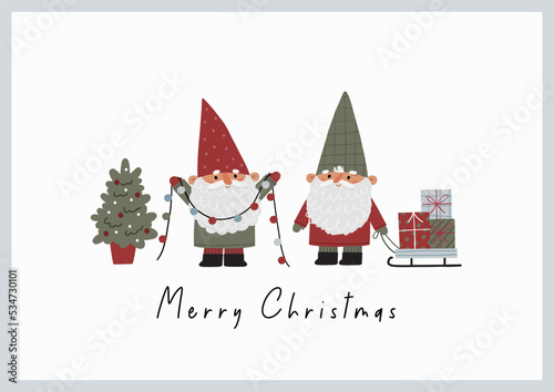 Cute Christmas gnomes with gifts, Christmas tree, house, decor. New Year and Christmas attributes vector flat illustration. Traditional winter holidays.