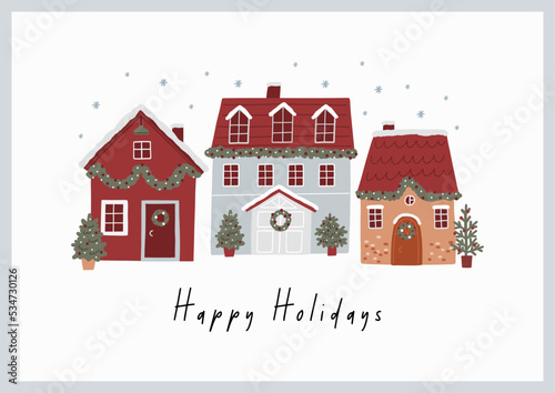 Cute Christmas House with decor. New Year and Christmas attributes vector flat illustration. Traditional winter holidays.