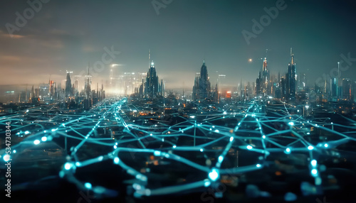 The concept of high-speed internet connection visualized as glowing cable webs sending digital data over spectacular futuristic cyberpunk cityscape with skyscrapers. Digital art 3D illustration.