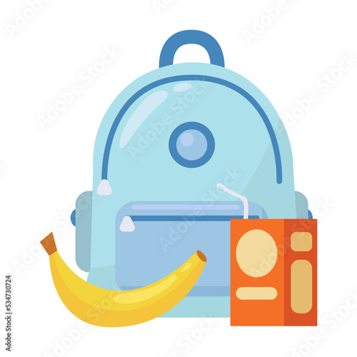 Lunchbox with food in backpacks for kids on white background. Lunch time in school, food boxes, picnic concept. School lunch box for children vector illustration