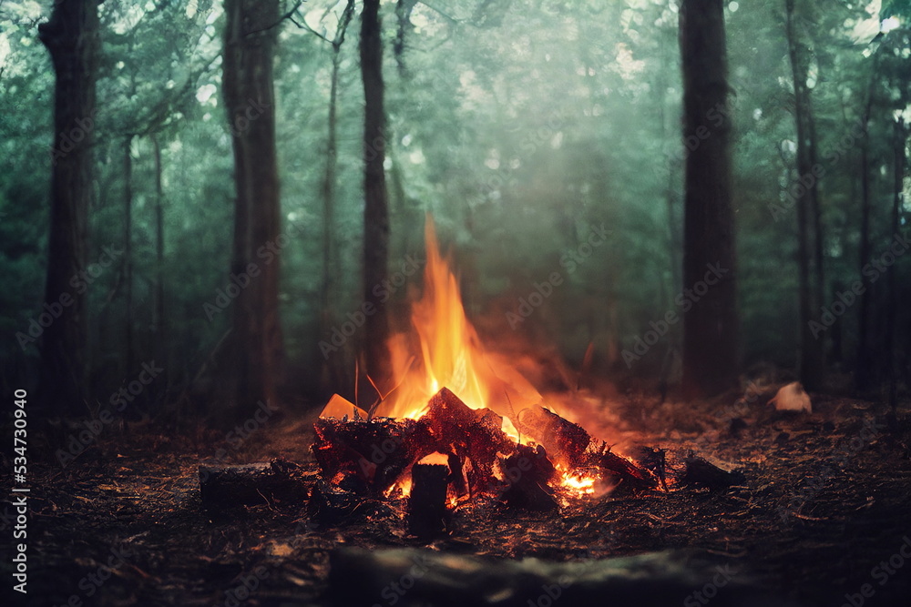 Burning fire in the forest. Beautiful landscape of nature. and trees. Sparks and flames. Rest by the fire. Camping in the woods Burning fire in the forest. Beautiful landscape of nature. and trees. Sparks and flames. Rest by the fire. Camping in the woods