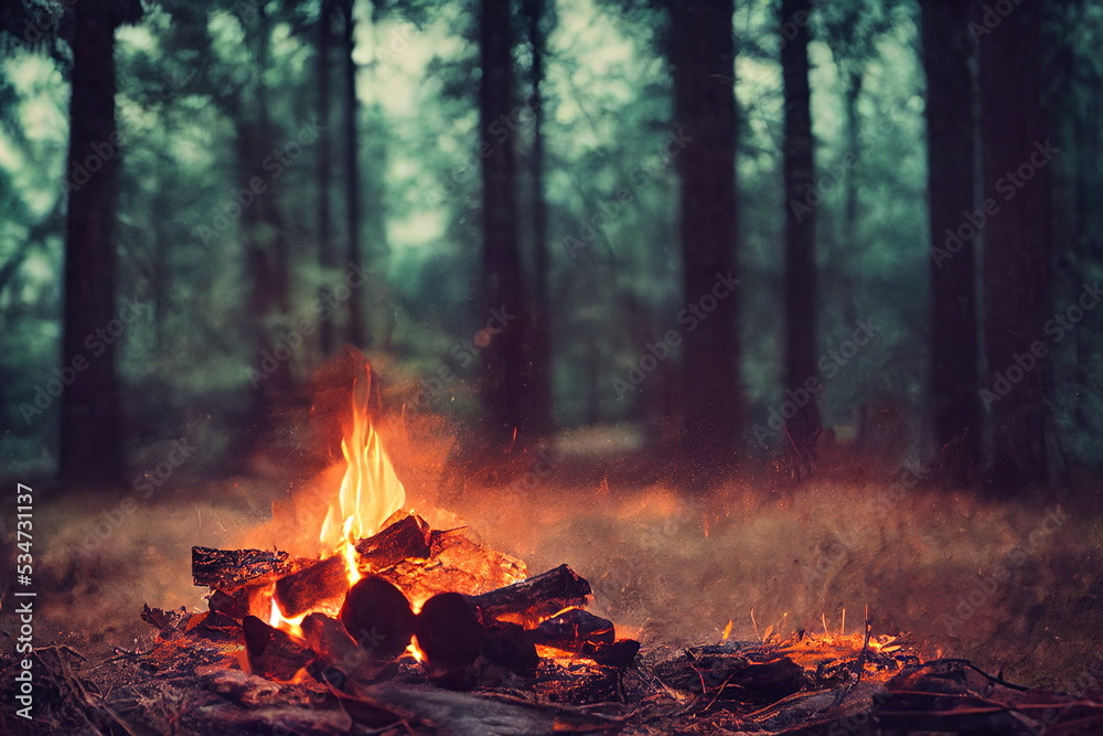 Burning fire in the forest. Beautiful landscape of nature. and trees. Sparks and flames. Rest by the fire. Camping in the woods Burning fire in the forest. Beautiful landscape of nature. and trees. Sparks and flames. Rest by the fire. Camping in the woods