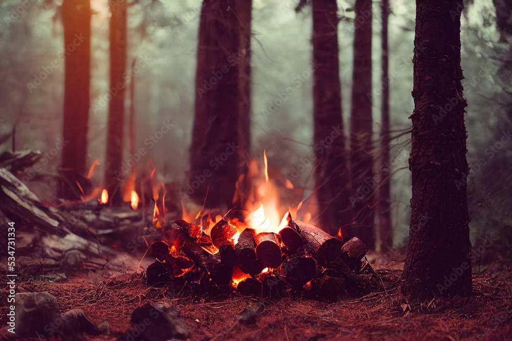 Burning fire in the forest. Beautiful landscape of nature. and trees. Sparks and flames. Rest by the fire. Camping in the woods Burning fire in the forest. Beautiful landscape of nature. and trees. Sparks and flames. Rest by the fire. Camping in the woods