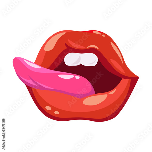 Red lips. Female sexy smile with white teeth, woman biting lip, showing kiss expression or tongue. Vector illustration for glamour, lipstick, emotions, comics concept