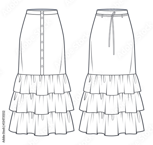 Tiered Skirts technical fashion illustration. Set of Skirts fashion flat sketch template, ruffled, maxi lengths, button up, zip up, front view, white, CAD mockup set.