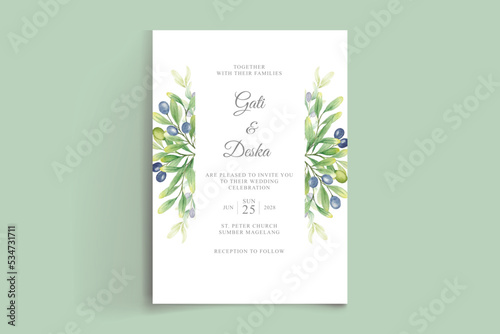 hand drawn watercolor olive branch with leaves wedding invitation