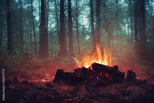 Burning fire in the forest. Beautiful landscape of nature. and trees. Sparks and flames. Rest by the fire. Camping in the woods