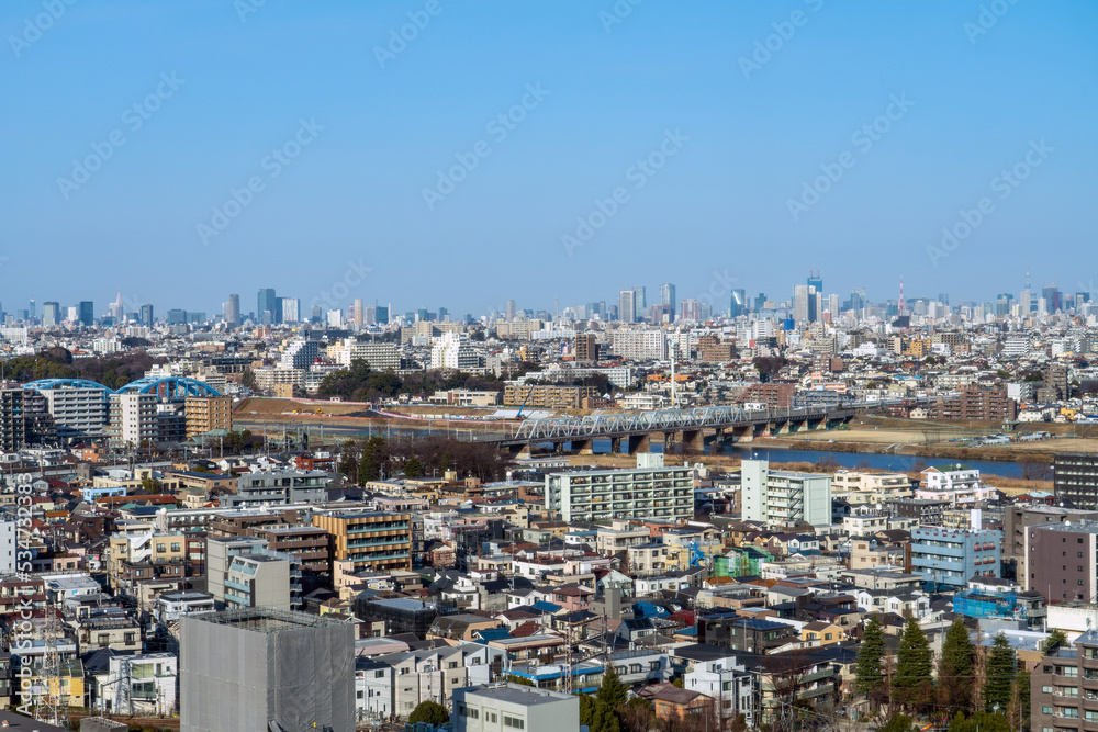 Panoramic view of Tokyo and Kawasaki area city view at daytime.	