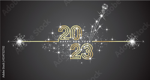 Happy New Year 2023 eve golden triple line design loading sparkle firework open champagne white black vector wallpaper greeting card