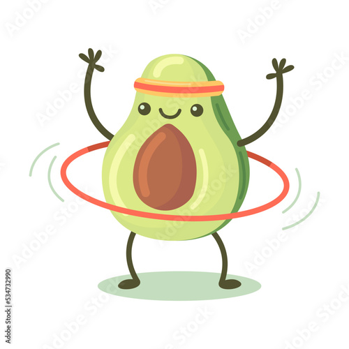 Happy cute avocado exercising flat for web design. Avocado fruit character in gym isolated vector illustration. Fitness workout and sport activity concept