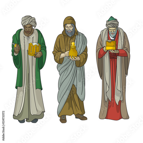 Illustration of the three Biblical Magi Melchior, Caspar and Balthazar (also referred as three king or three wise men) (Design Element)
