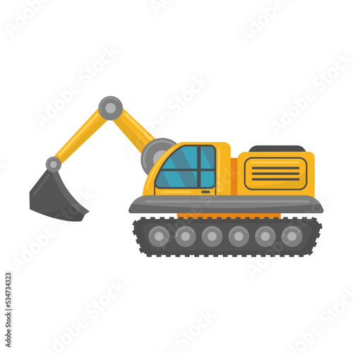 Yellow construction trucks flat vehicle. Cartoon excavators, crane trucks, tractors and bulldozers isolated vector illustration. Building machine