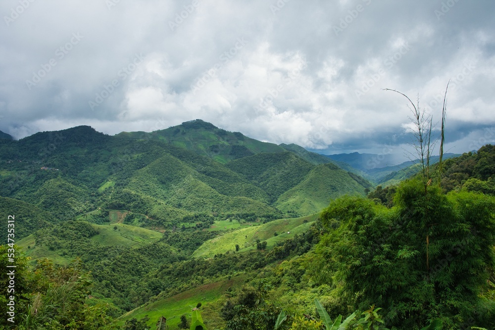 Beautiful Mountain Valley in Laos, Lao Nature on the way to the north. Beautiful mountain and forest. High quality photo