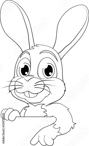 An Easter bunny rabbit cartoon character peeking around a sign