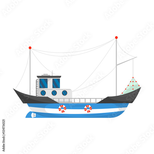 Fishing boat vector illustration. Ship with cranes lifting net. For food and seafood industry, marine job, transportation concept