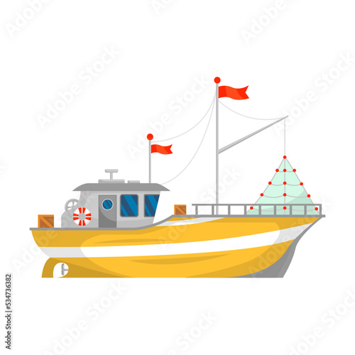 Fishing boat vector illustration. Fisherman trawler isolated on white. For food and seafood industry, marine job, transportation concept
