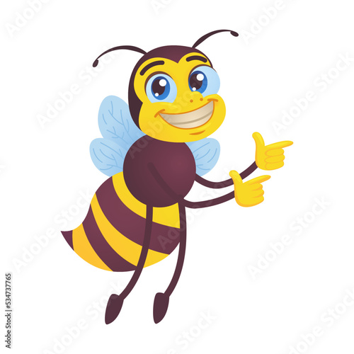 Happy bee. Funny character, bumblebee flying, carrying honey, waving hello at hive isolated on white. Vector illustrations for beekeeping, honey production, cartoon character concept