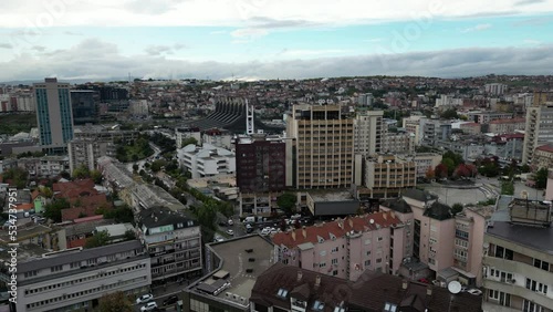 Pristina Modern City Center and Residential Buildings. Aerial View over Capital of Kosovo. Balkans. Europe. 