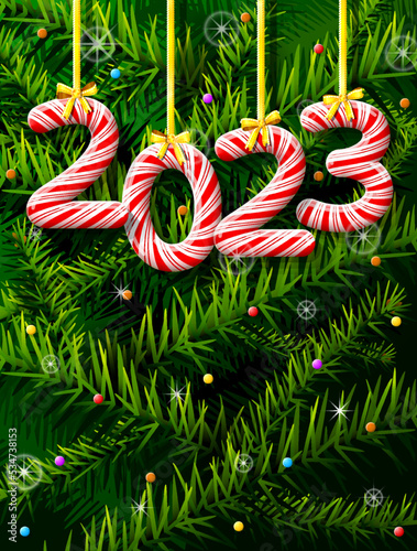 New Year 2023 in shape of candy stick against pine branches. Year number like holiday candies. Vector illustration for new years day, christmas, winter holiday, sweet-stuff, new years eve, food, etc