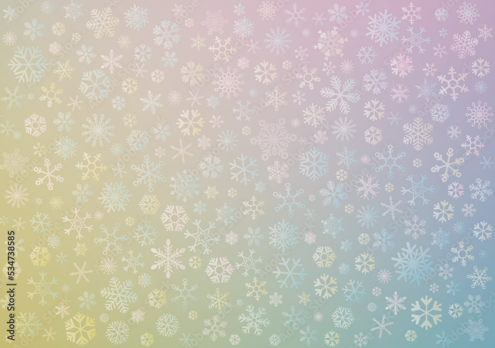 Various snowflakes with pastel colors blurred background.