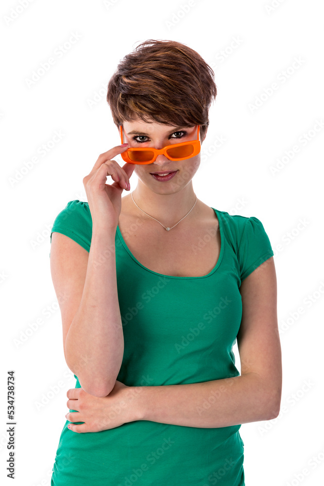 Pretyy young woman looking over her orange sunglasses isolated on transparent background Pretyy young woman looking over her orange sunglasses isolated on transparent background