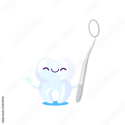 Tooth care. Happy funny tooth with toothbrush, paste, floss, sad molar with cavity or dental tool. Vector illustration for dental care, dentist visiting, hygiene concept