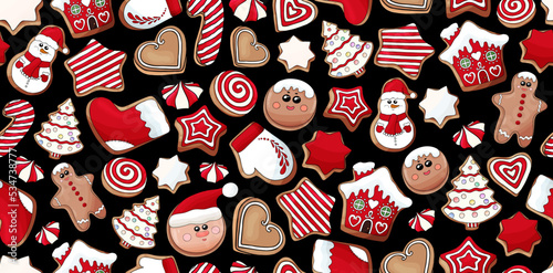 Gingerbread cookies pattern. Christmas cookies print. Many types christmas sweets. Happy New Year delicious pattern. Gingerbread house, gingerbread man cookies print. Christmas glazed cookie wallpaper