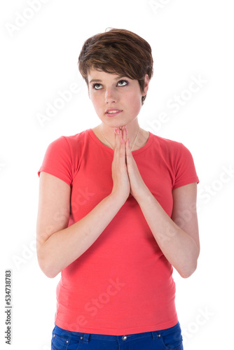 Pretty young woman is begging for something isolated on transparent background photo
