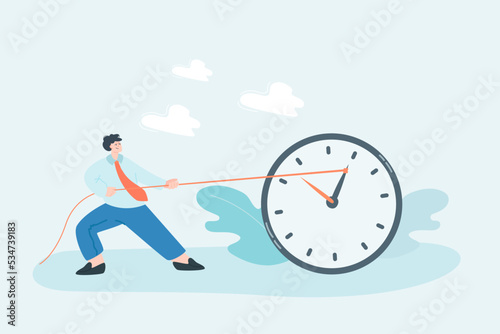 Businessman pulling hand of big clock with rope. Office worker changing or stopping time flat vector illustration. Time management or deadline, efficiency concept for banner or landing web page