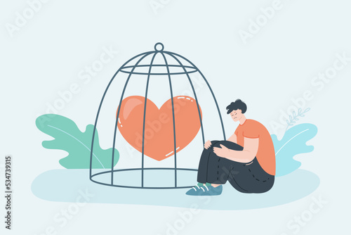 Comic heart in huge heart and sad boy flat vector illustration. Depressed male character feeling despair. Forbidden love, hidden emotions concept for banner, website design or landing web page