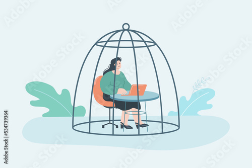 Depressed woman working on laptop in cage. Tired employee sitting at table, feeling fatigue flat vector illustration. Depression, despair concept for banner, website design or landing web page