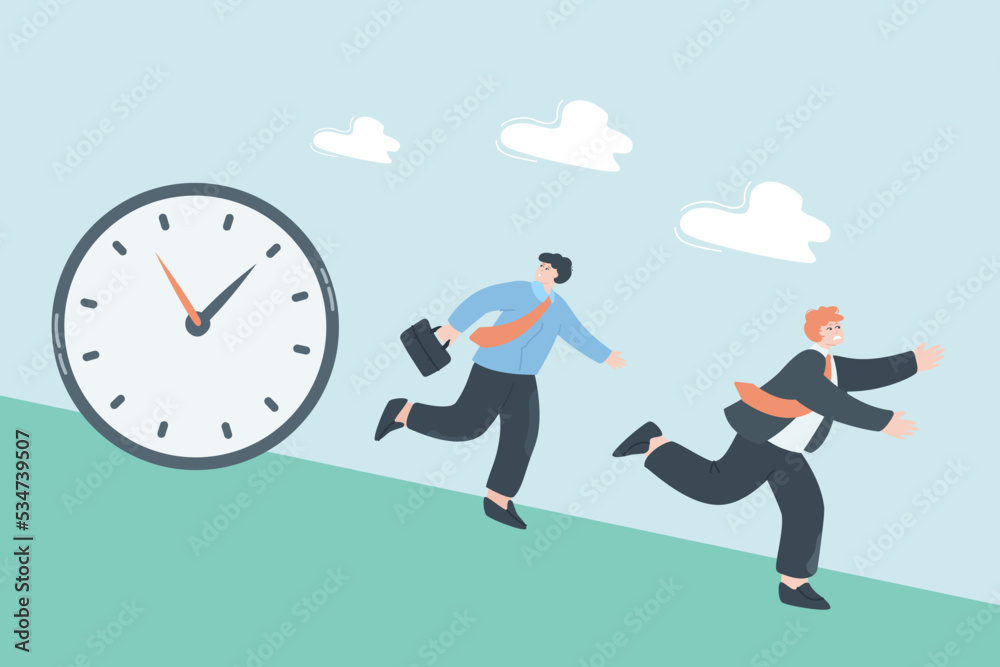 Tiny businessmen running away from rolling clock. Employees scared of deadline flat vector illustration. Time management, deadline concept for banner, website design or landing web page