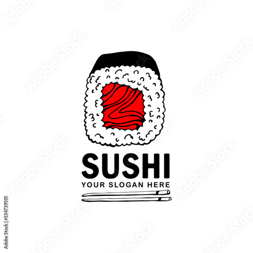 Sushi and rolls with chopstick bar or restaurant vector logo template. 