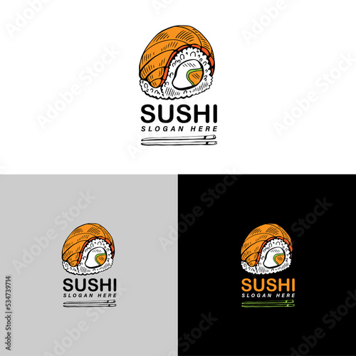 Sushi vector logo. Graphic symbol with fish cut into sushi and rolls