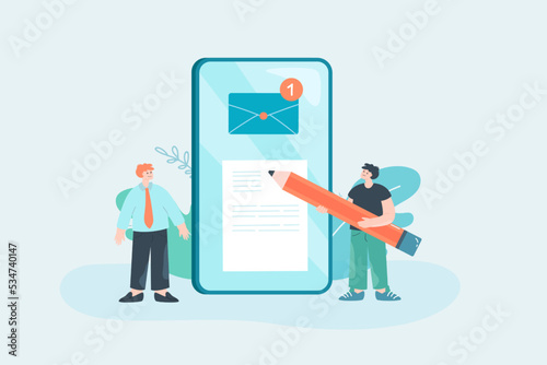 Tiny office workers writing e-mail using pencil and huge phone. Man sending business letter flat vector illustration. Communication, mail, correspondence concept for banner or landing web page
