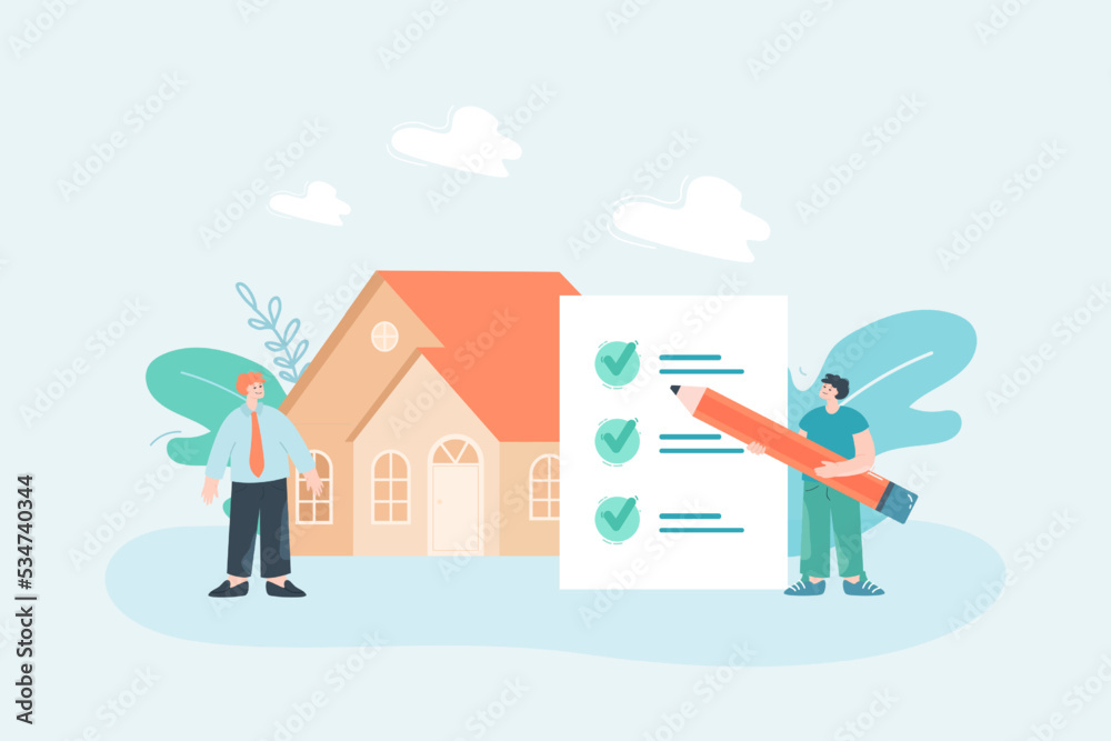 Tiny man signing lease agreement flat vector illustration. Person buying house and signing agreement of sale and purchase. Property, investment concept for banner, website design or landing web page Tiny man signing lease agreement flat vector illustration. Person buying house and signing agreement of sale and purchase. Property, investment concept for banner, website design or landing web page
