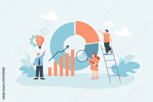 Tiny office people standing next to huge pie chart. Cartoon company persons next to diagram, bar graph flat vector illustration. Finances, business concept for banner, website design or landing page