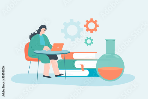 Chemist or researcher working on laptop. Woman sitting at table next to huge laboratory flask and books flat vector illustration. Chemistry, science concept for banner, website design or landing page